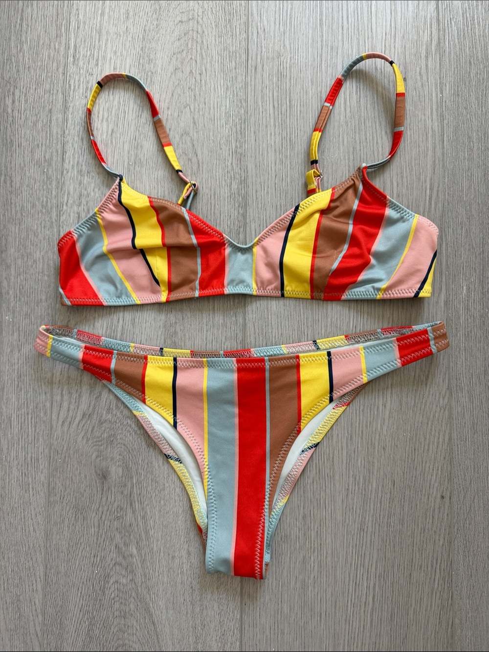 SOLID & STRIPED Striped Bikini in Red, Yellow, Light Blue, Pink & Brown